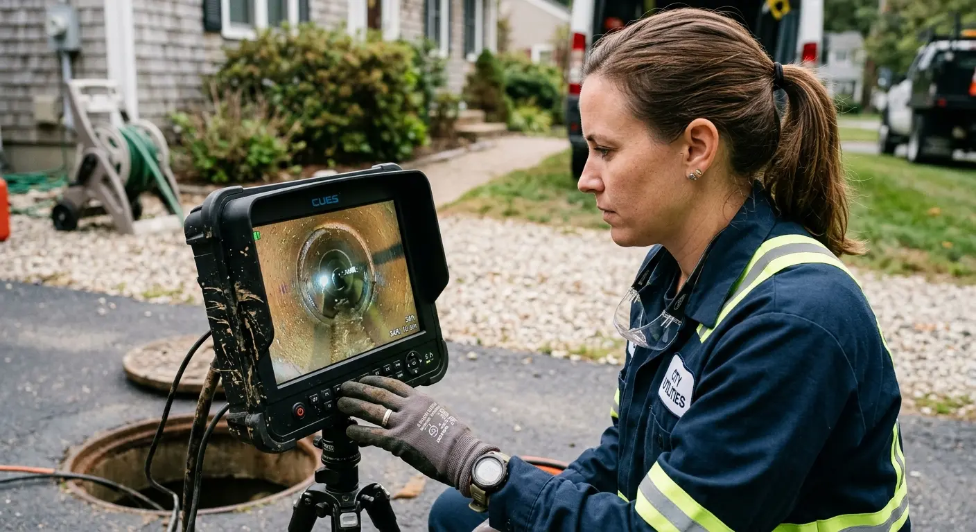 Technician reviewing sewer camera inspection footage in Lewisville