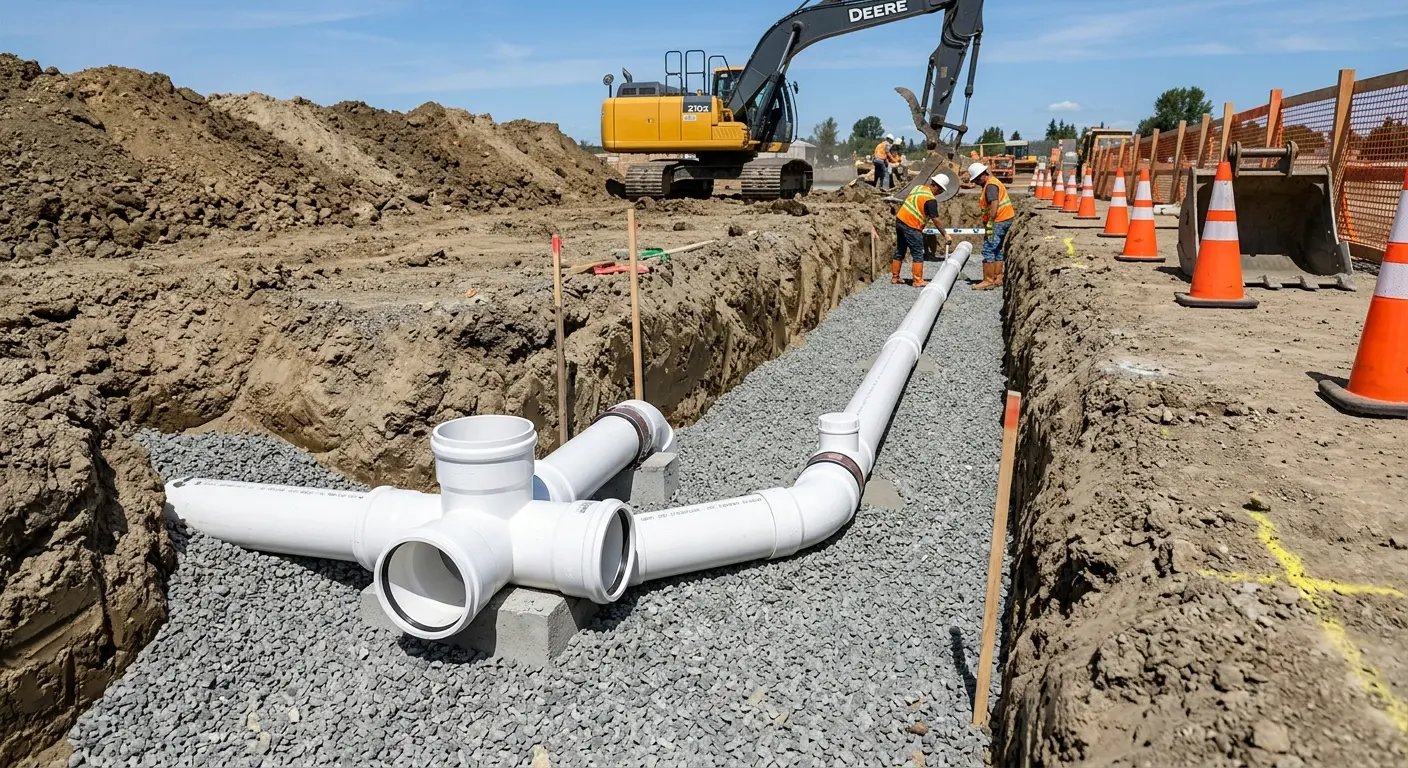 New PVC sewer pipe installation in open trench for Commercial Drain Cleaning in Lewisville