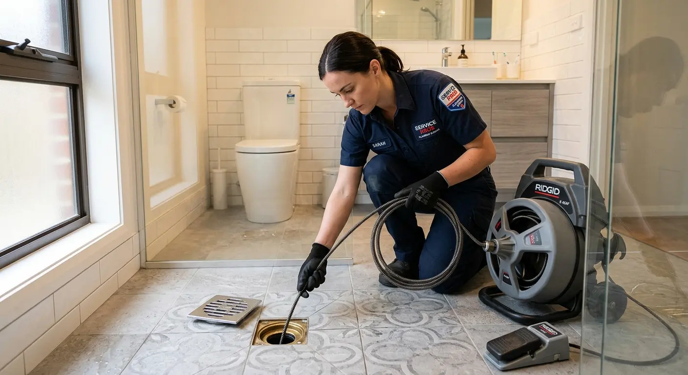 Technician clearing a bathroom floor drain for Drain Repair in Lewisville